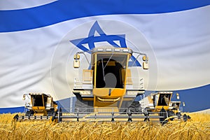 4 orange combine harvesters on grain field with flag background, Israel agriculture concept - industrial 3D illustration
