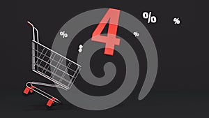 4 percent discount flying out of a shopping cart on a black background. Concept of discounts, black friday, online sales. 3d