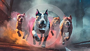 4 pit bull dogs running towards you