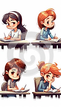 4 pupils sitting on a school desk on white background generative AI