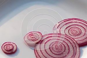 4 red onion slices, big and small, on white plate. Selective focus. Copy space for text