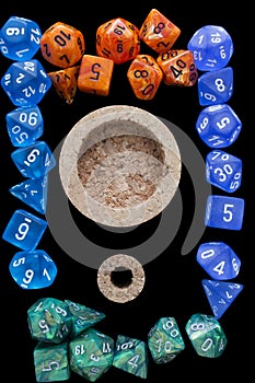 4 RPG sets orange/blue for playing role playing games on black background.