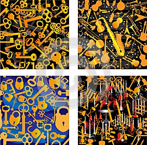 4 Seamless Patterns: Music, Keys, Locks, Candles