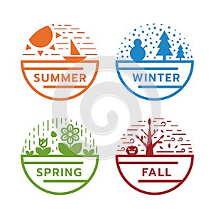 4 season circle sign with modern line nature in summer, winter, spring and fall vector design