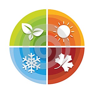 4 season icon in circle diagram chart with leaf spring , sun summer , snow winter and Maple leaf autumn vector design