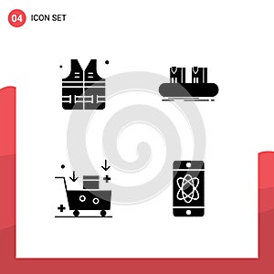 4 Solid Glyph concept for Websites Mobile and Apps lifejacket, email campaign, belt, factory, emailing