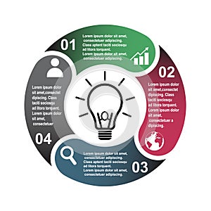 4 step vector element in four colors with labels, infographic diagram. Business concept of 4 steps or options with bulb