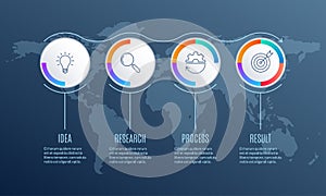 4 steps infographic design with circle diagram or pie chart. Business presentation template with modern icons and world map