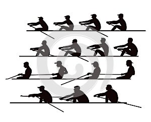 4 teams of rowers in boats and canoes for the race. Silhouette. Illustration