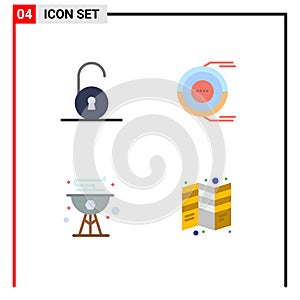 4 Thematic Vector Flat Icons and Editable Symbols of unlocked, cook, allocation, estimation, grill