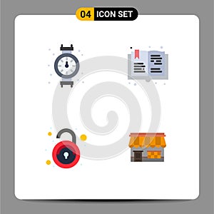 4 Universal Flat Icons Set for Web and Mobile Applications gauge, unlock, plumbing, hobbies, unsecured