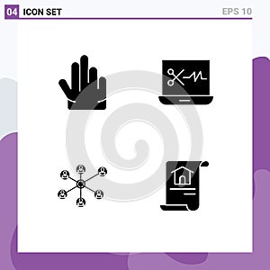 4 Universal Solid Glyphs Set for Web and Mobile Applications fingers, group, audio editing, wlan, document