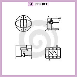 4 User Interface Line Pack of modern Signs and Symbols of world, tool, box, construction, play store