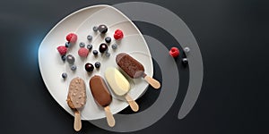 4 varieties of ice cream on stick,in white,milk,dark chocolate and with nuts