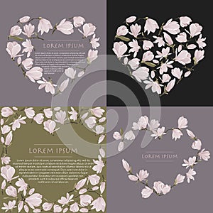 4 Vector floral wreath of magnolia set. Floral pink bouquet on grey lavender and green background. Heart shape frame with flowers