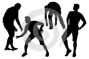 4 vector male silhouettes in motion. A tough guy dance movement, a young man bent down with his back bent, arms down, a man lunged