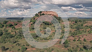 4 wheel drive adventure on wildlife safari holiday at Baboon Rock in Laikipia, Kenya. Aerial drone