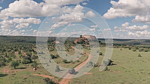 4 wheel drive on safari at Baboon Rock in Laikipia, Kenya. Aerial dron