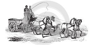 4-wheeled Wagon drawn by 4 Horses, vintage engraving