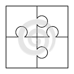 4 white puzzles pieces arranged in a square. Jigsaw Puzzle template ready for print. Cutting guidelines on white