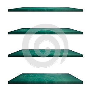 4 Wood green shelves table isolated on white background and display montage for product