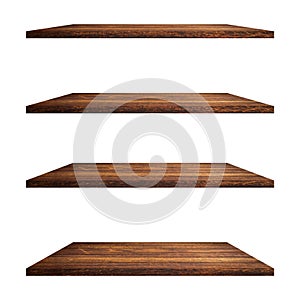 4 Wood shelves table isolated on white background and display montage for product