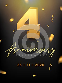 4 Years Anniversary Celebration event. Golden Vector birthday or wedding party congratulation anniversary