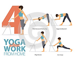 4 Yoga poses for office syndrome when work from home in flat design. Beauty woman is doing exercise for strength on office chair.