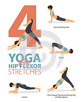 4 Yoga poses for workout in concept of hip flexor stretch. Woman exercising for body stretching. Vector.