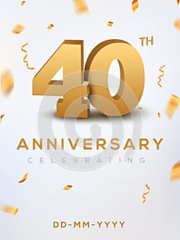 40 Anniversary gold numbers with golden confetti. Celebration 40th anniversary event party template