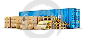 40 ft cargo container and shipping pallets with cardboard boxes