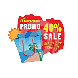 40% off sale summer promotion logo badge vector illustration. beach shopping bag icon with label text design