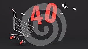 40 percent discount flying out of a shopping cart on a black background. Concept of discounts, black friday, online sales. 3d