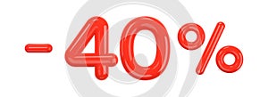 40 percent Off. Discount creative composition of red glossy plastic 3d numbers. 40% mega sale or forty percent bonus symbol. Sale