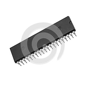 40 pin electronic integrated circuit or microchip isolated on white. DIP package electronic component.