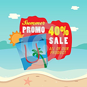 40% sale summer promotion vector illustration. shopping bag icon with text label and sand beach background design