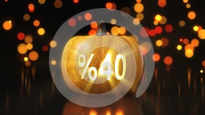 %40 sale symbol carved on Halloween pumpkin. 3d illustration with bokeh effect on background