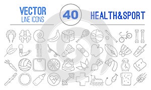 40 vector outline icons of healthy food and sport