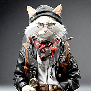 4000pixel,300DPI,size 13INC., Cartoon muticolor cat, in a hat and scarf, dressed in punk clothes