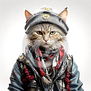4000pixel,300DPI,size 13INC., Cartoon muticolor cat, in a hat and scarf, dressed in punk clothes