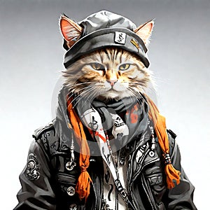 4000pixel,300DPI,size 13INC., Cartoon muticolor cat, in a hat and scarf, dressed in punk clothes