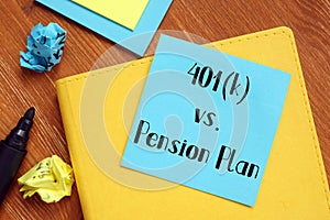 401k vs. Pension Plan phrase on the piece of paper