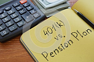 401k vs. Pension Plan is shown on the conceptual business photo