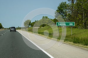 402 Highway Sign Indicating The Distance To Sarnia, Ontario