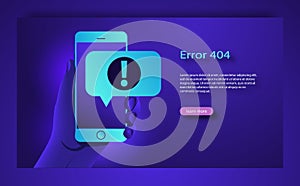 404 error concept smartphone in hand with warning message. Design template for web page with 404 error.