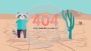 404 error page not found concept. West desert landscape with cactus and lost raccoon. Vector cartoon illustration
