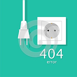 404 Error, page not found. Connection error. Electrical outlet and plug disabled, concept. Vector illustration flat design.