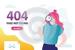 404 error, page not found, landing page template. Unhappy female user looking for page with magnifying glass. Disconnection,