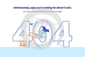 404 error web page design. Vector line art illustration with young smiling girl swinging on a swing on nature.