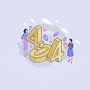 404 helpline service isometric illustration. IT specialists fixing page not found problem. Contacting technical call center expert